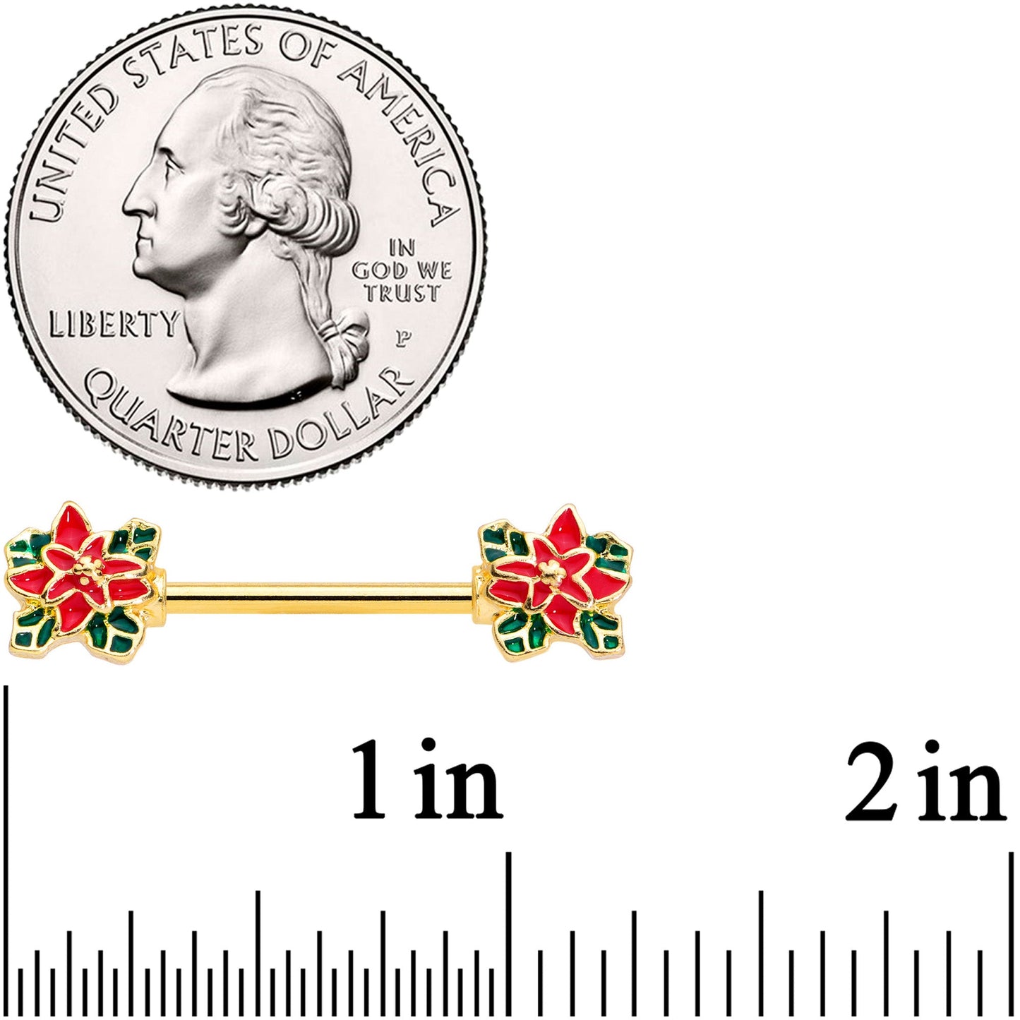 14G 9/16 Gold Tone Poinsettia Christmas Barbell Nipple Ring Set