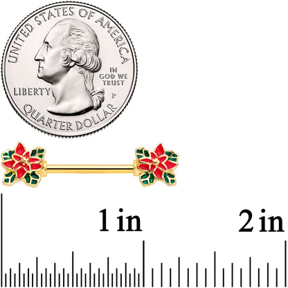 14G 9/16 Gold Tone Poinsettia Christmas Barbell Nipple Ring Set