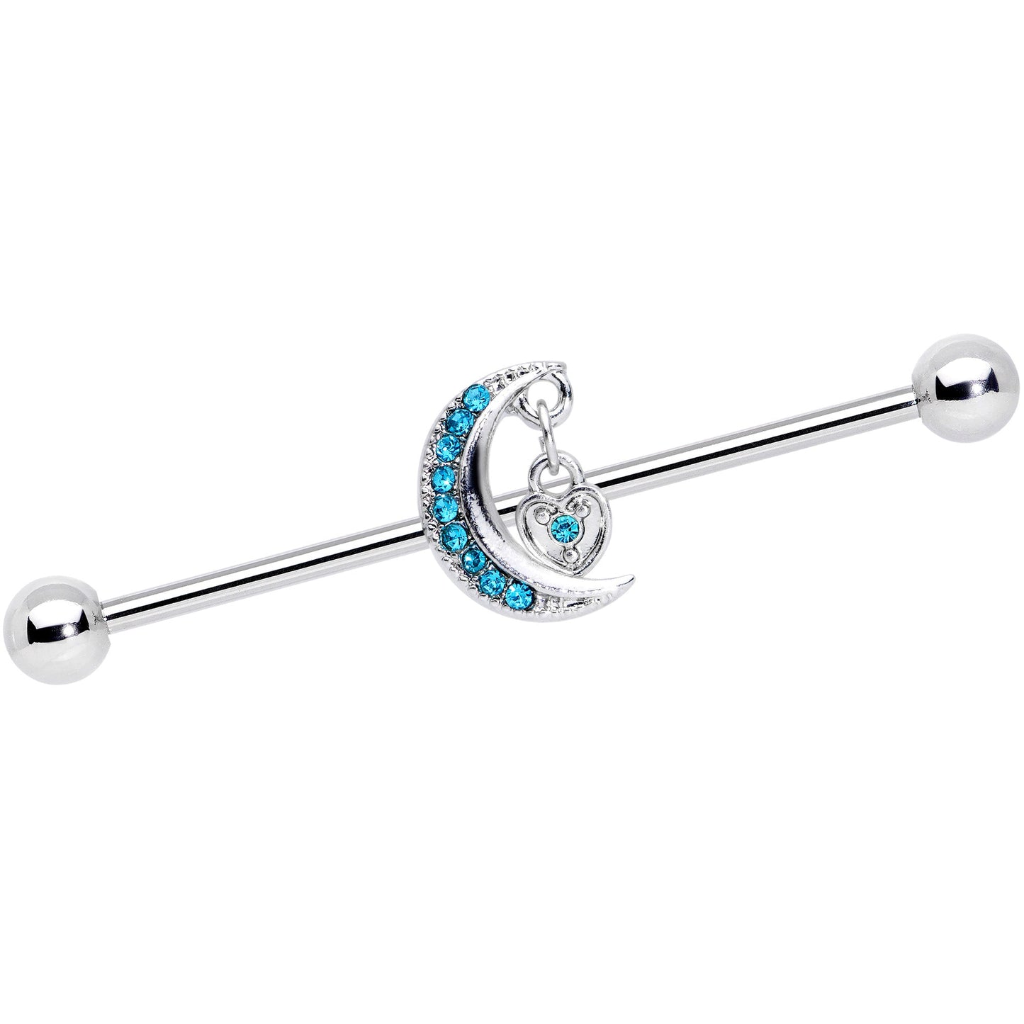 14G Aqua CZ Gem Heart Padlock Moon Dangle Industrial Barbell 38mm