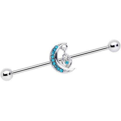 14G Aqua CZ Gem Heart Padlock Moon Dangle Industrial Barbell 38mm