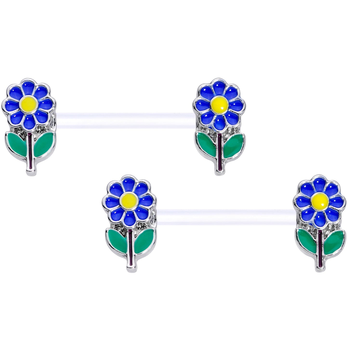 14G 9/16 Clear Bioplast Blue Hippie Flower Barbell Nipple Ring Set