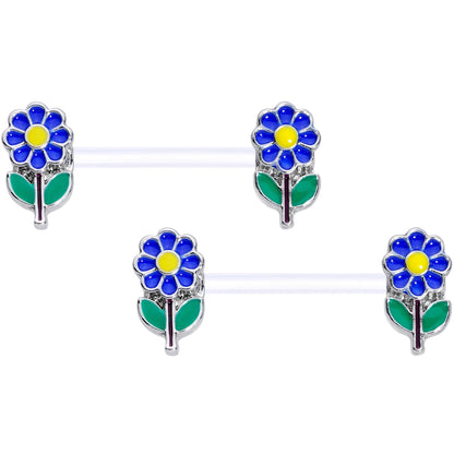 14G 9/16 Clear Bioplast Blue Hippie Flower Barbell Nipple Ring Set