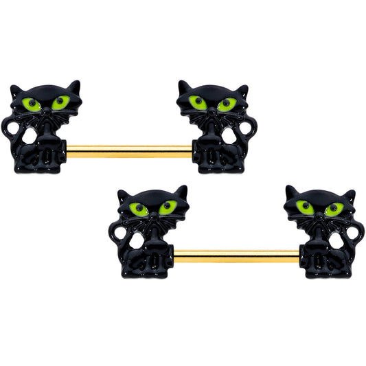 14G 9/16 Gold Tone Black Cat Halloween Barbell Nipple Ring Set