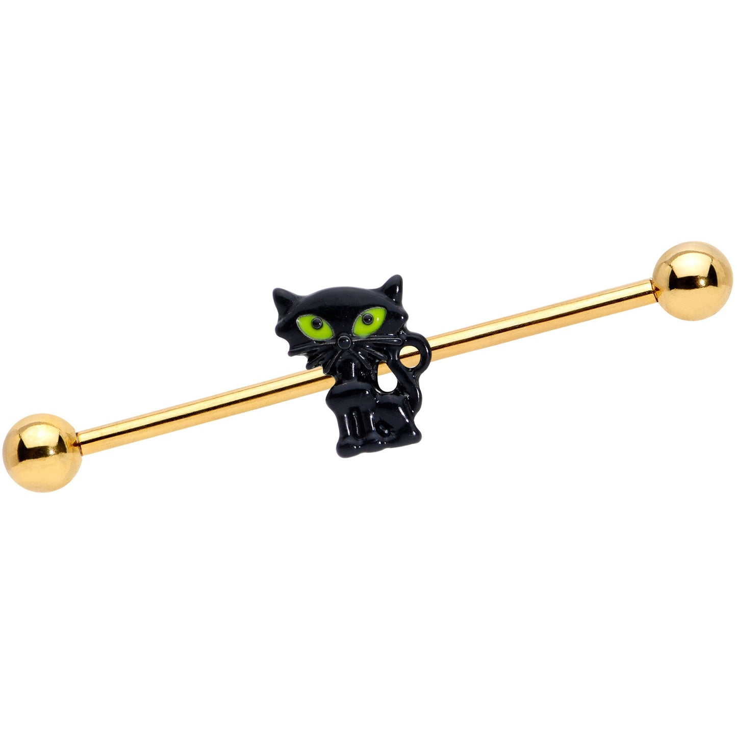 14G Gold Tone Black Cat Halloween Industrial Barbell 38mm