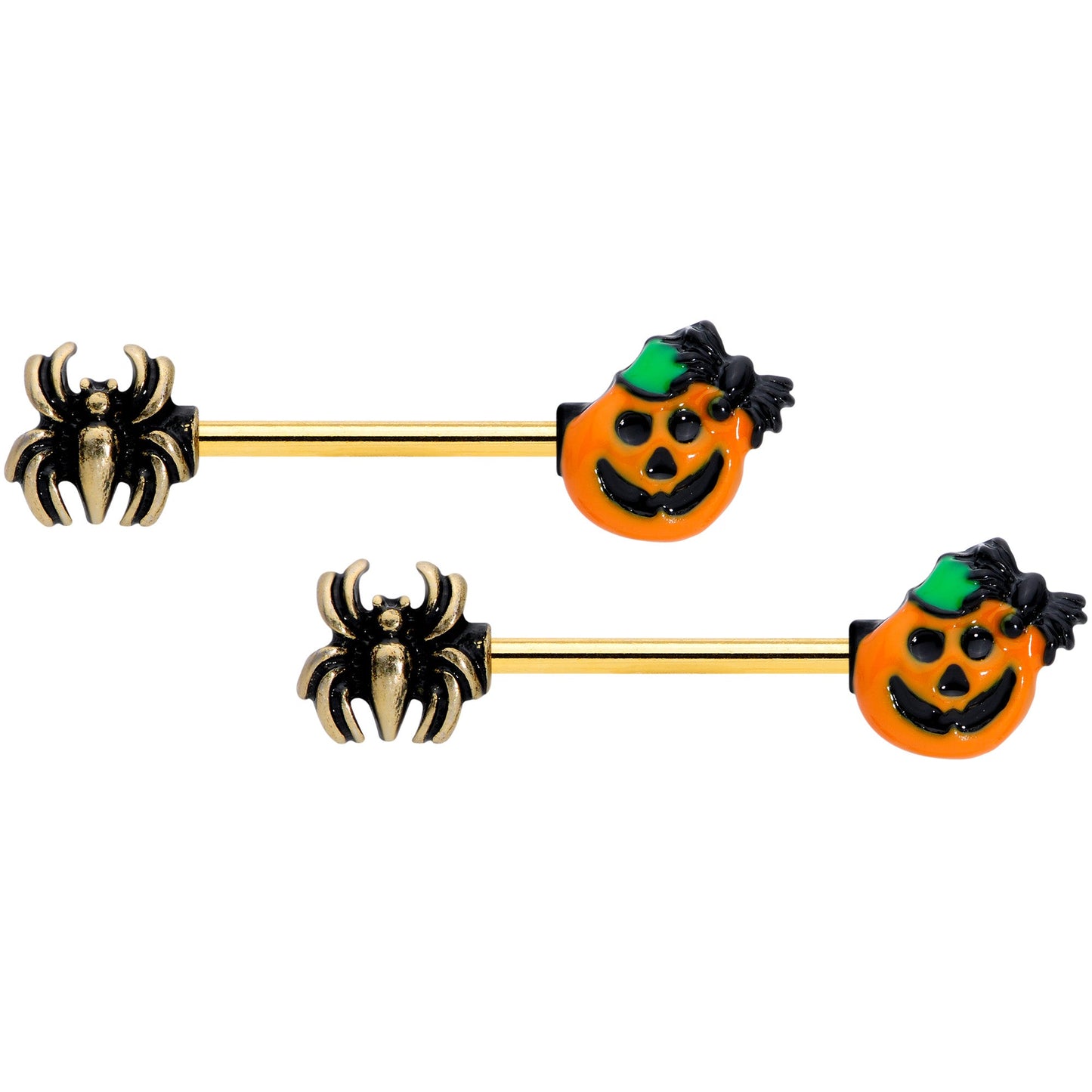 14G 5/8 Gold Tone Spider Pumpkin Halloween Barbell Nipple Set