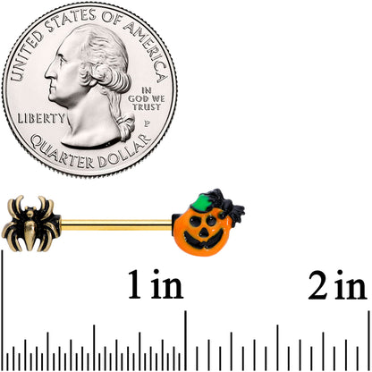 14G 5/8 Gold Tone Spider Pumpkin Halloween Barbell Nipple Set
