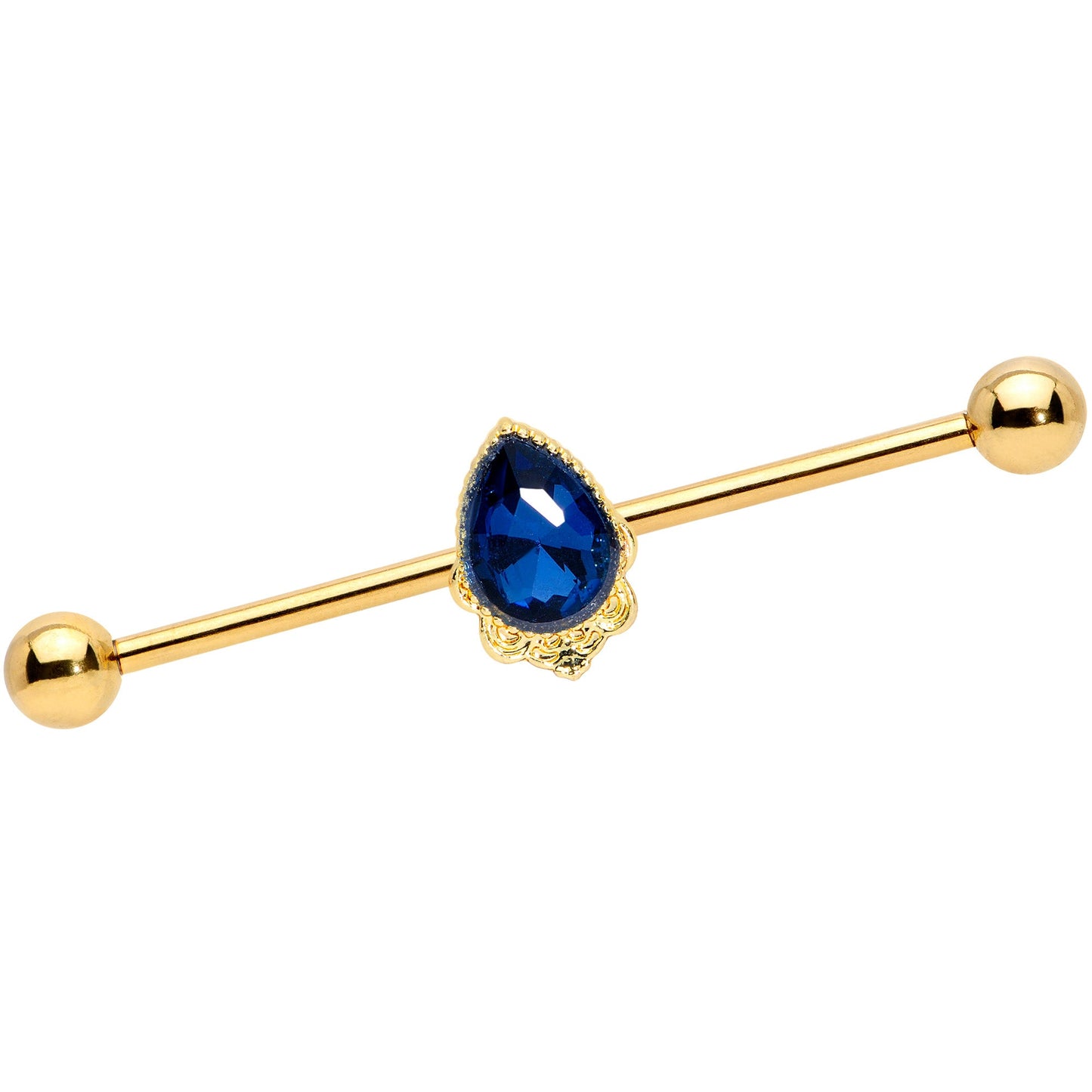 14G Blue Gem Gold Tone Noble Drop Industrial Barbell 38mm