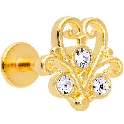 16G 5/16 Clear CZ Gem Gold Tone Fancy Heart Labret Monroe Tragus