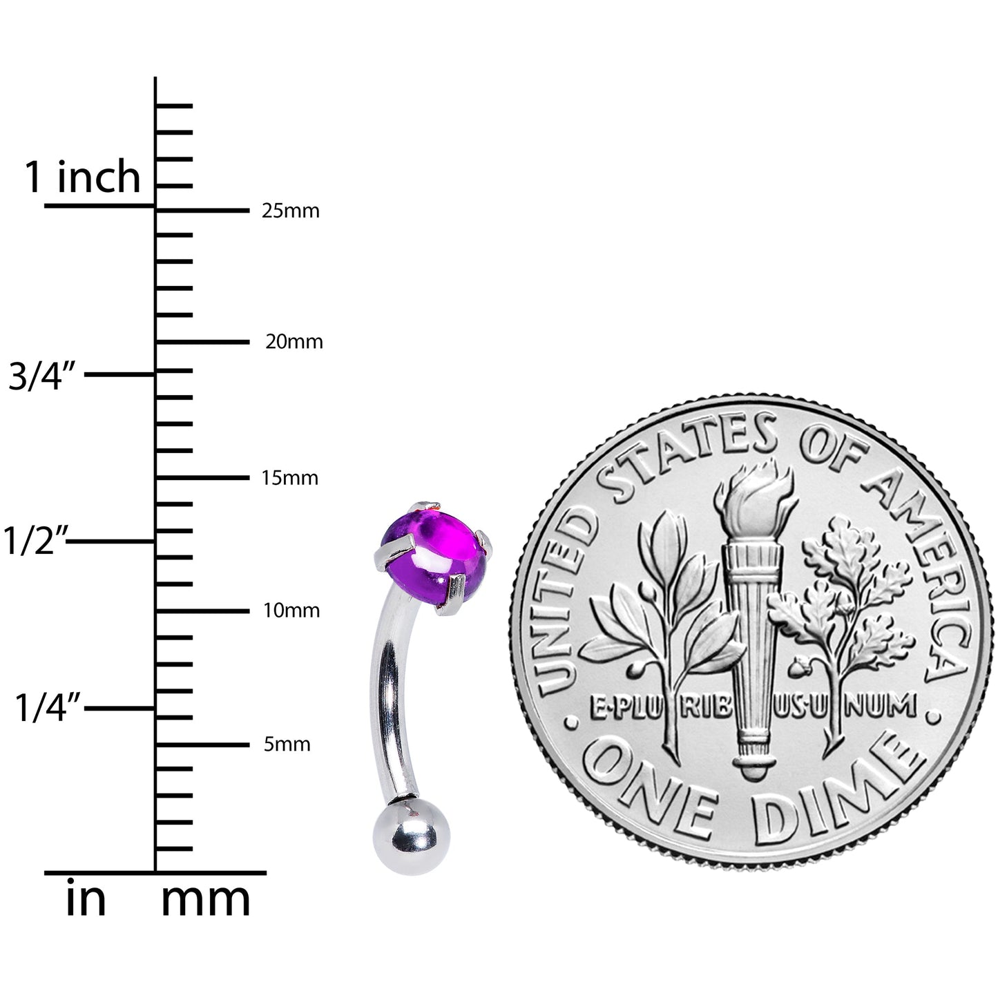 16G 5/16 Purple CZ Gem Internally Threaded Curved Eyebrow Ring