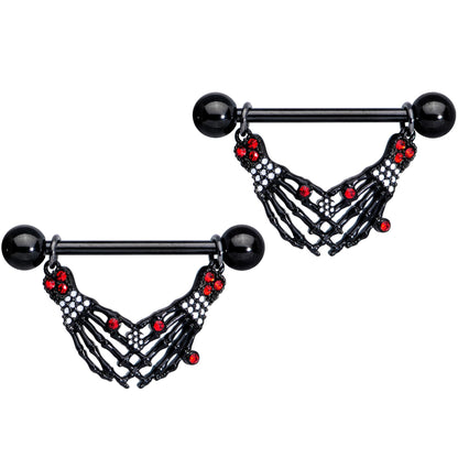 14G 9/16 Red Gem Skeleton Hands Halloween Dangle Nipple Ring Set