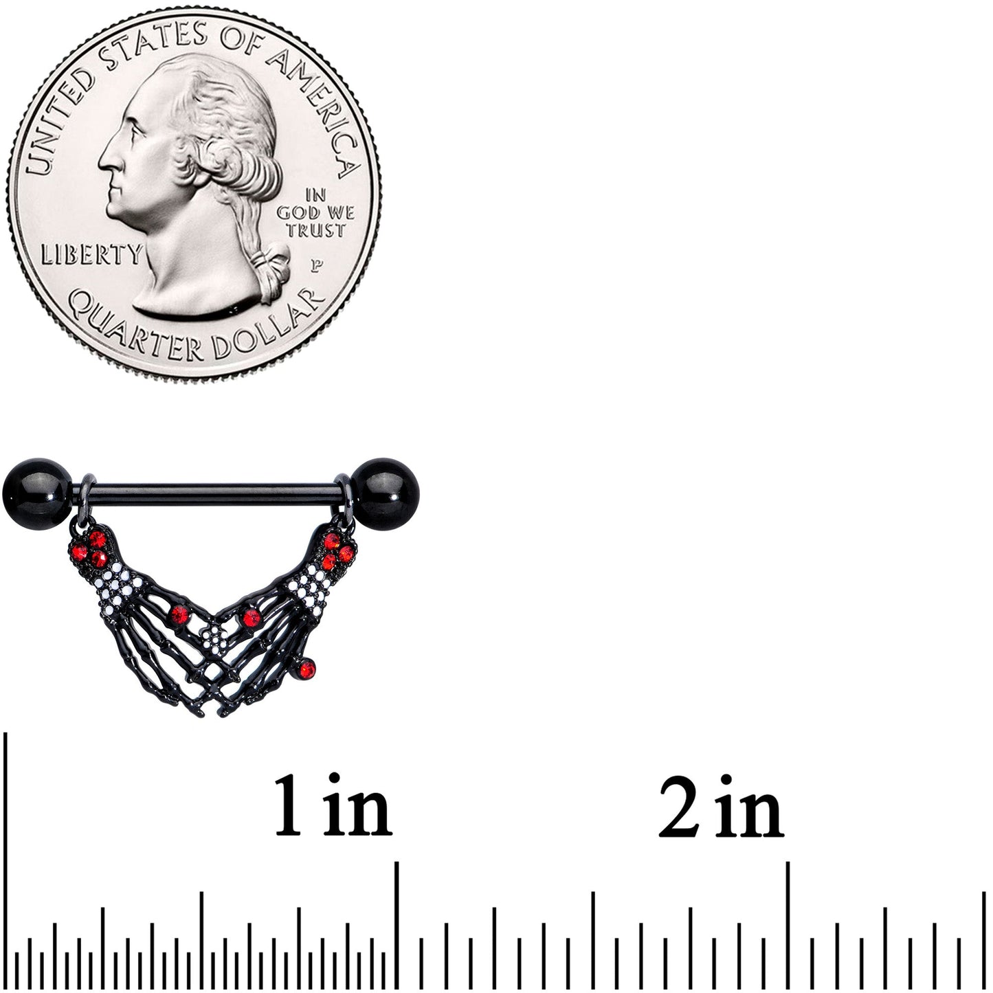 14G 9/16 Red Gem Skeleton Hands Halloween Dangle Nipple Ring Set