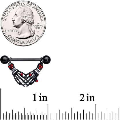 14G 9/16 Red Gem Skeleton Hands Halloween Dangle Nipple Ring Set