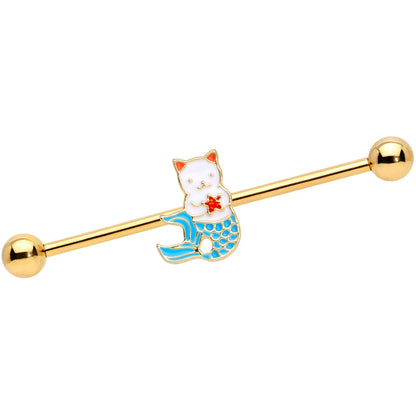 14G Gold Tone Blue White Mermaid Cat Industrial Barbell 38mm