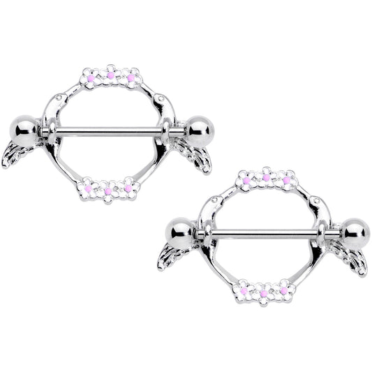 14G 9/16 Pink White Flower Hummingbird Nipple Shield Set