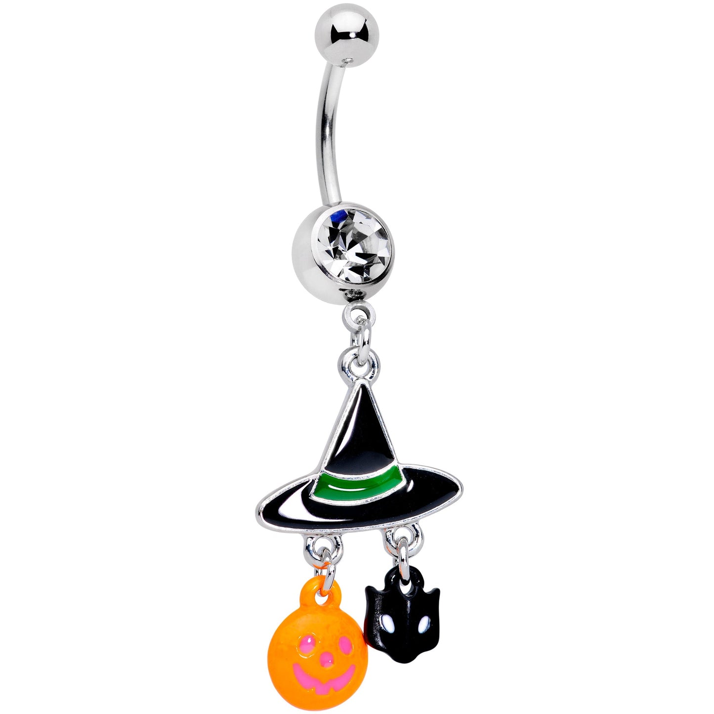 Clear Gem Witch Hat Bat Orange Pumpkin Halloween Dangle Belly Ring