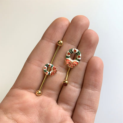 14G Gold Tone PVD Christmas Wreath Industrial Barbell 38mm