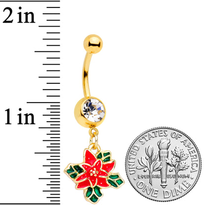 Clear Gem Gold Tone Poinsettia Christmas Dangle Belly Ring