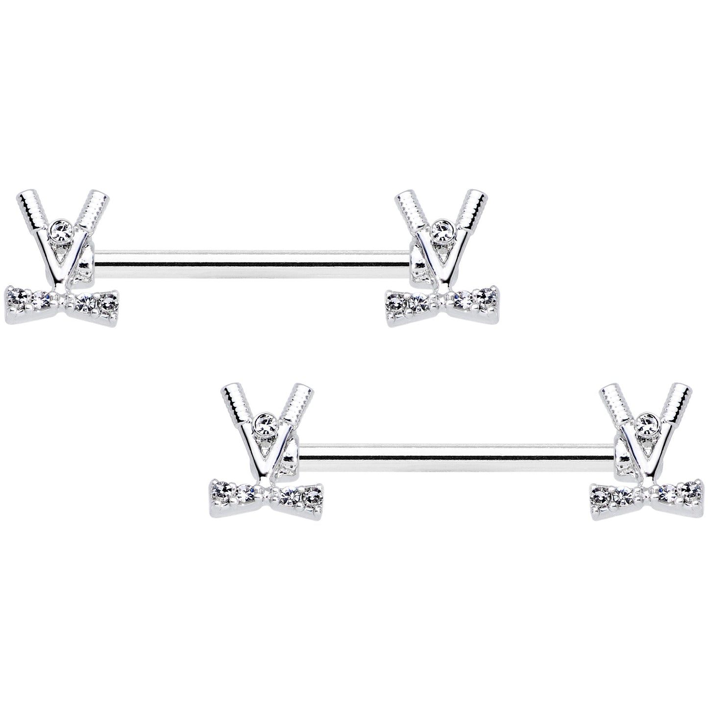 14G 9/16  Clear CZ Gem Crossed Golf Clubs Barbell Nipple Ring Set