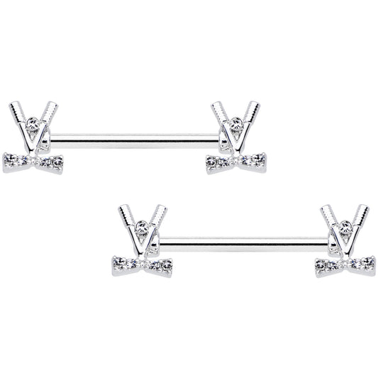 14G 9/16  Clear CZ Gem Crossed Golf Clubs Barbell Nipple Ring Set