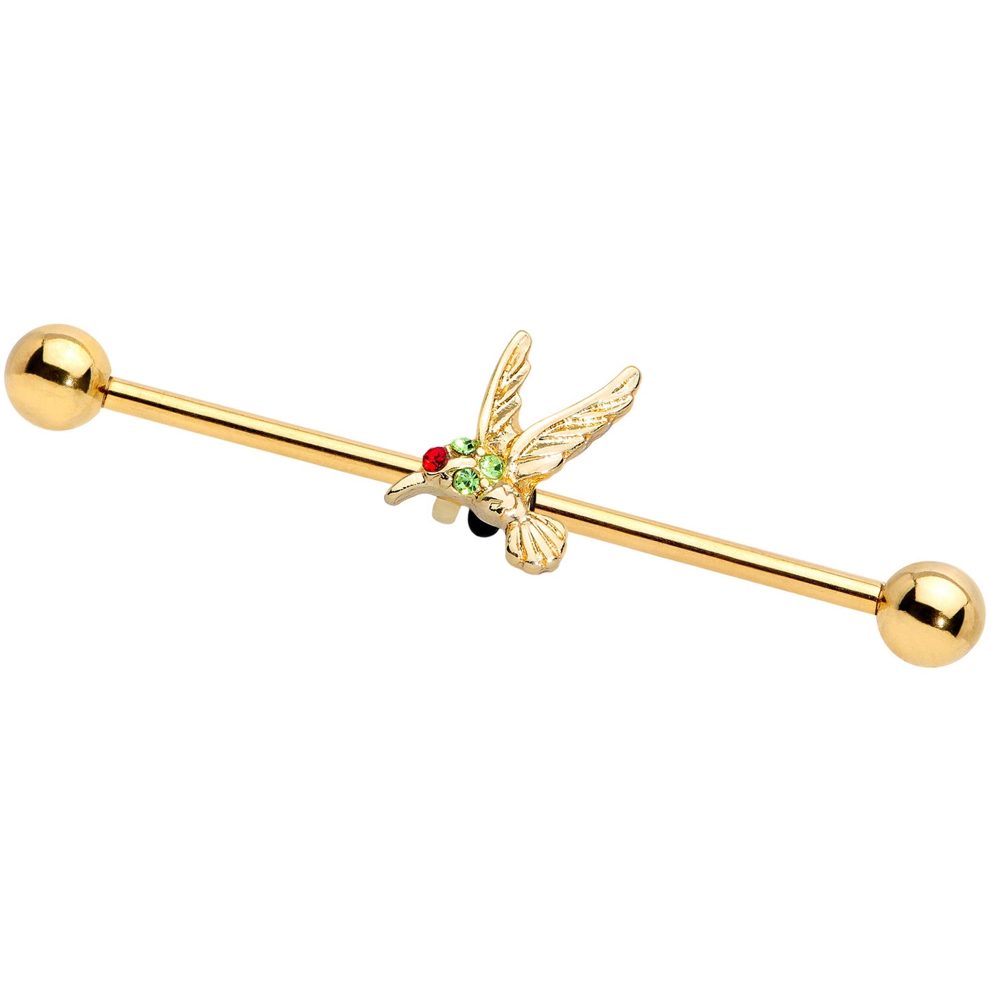 14G Green Red Gem Gold Tone Hummingbird Industrial Barbell 38mm