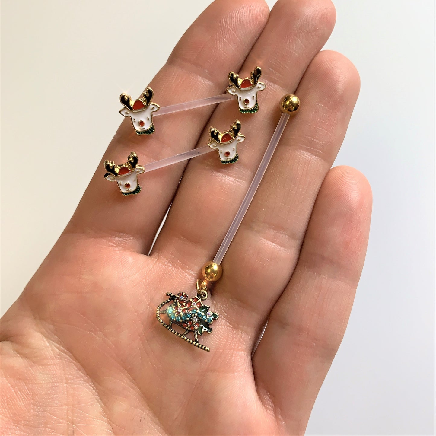 14G 9/16 Bioplast Reindeer Christmas Barbell Nipple Ring Set