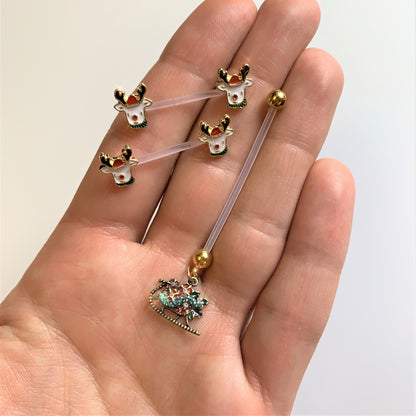 14G 9/16 Bioplast Reindeer Christmas Barbell Nipple Ring Set
