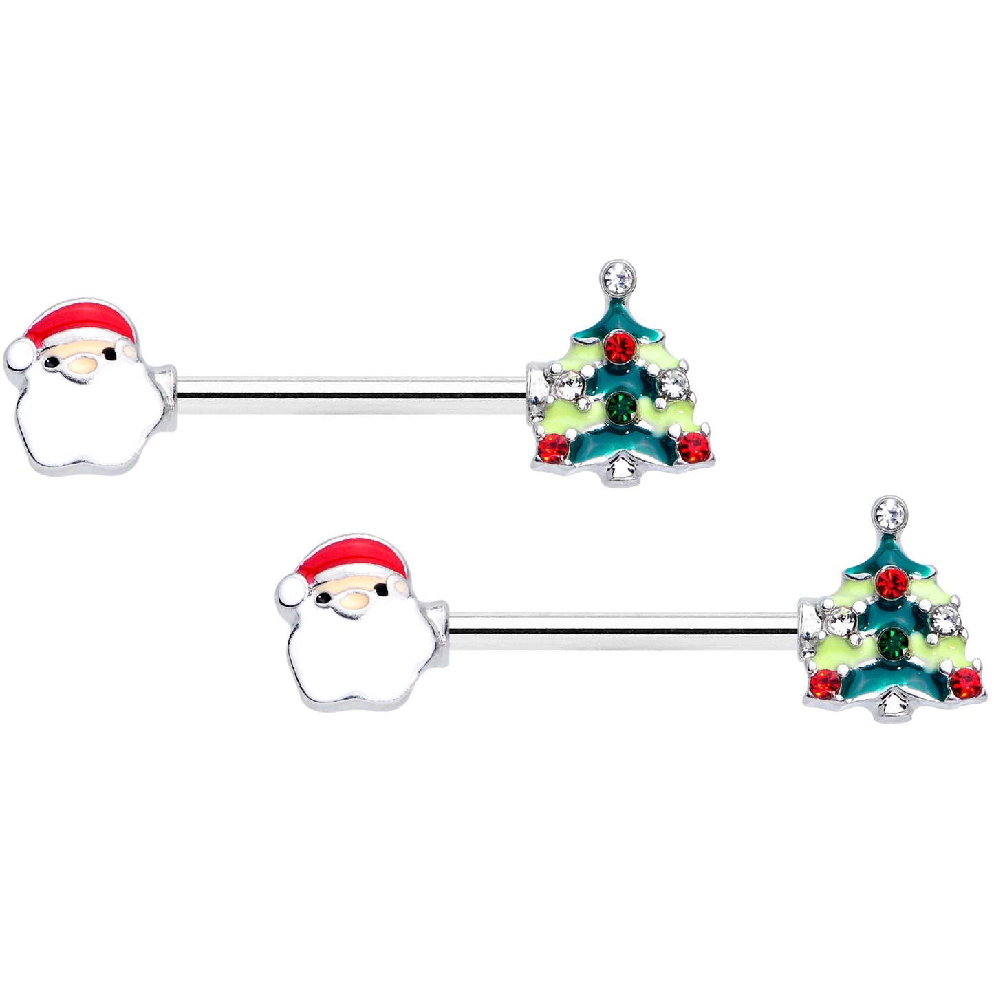 14G 9/16 Red Gem Santa Christmas Tree Barbell Nipple Ring Set