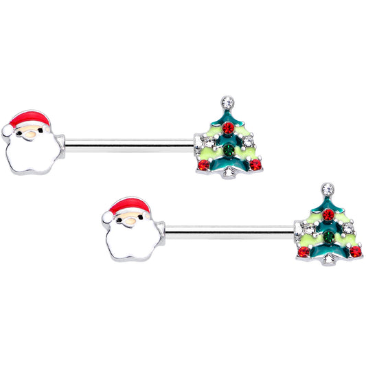 14G 9/16 Red Gem Santa Christmas Tree Barbell Nipple Ring Set