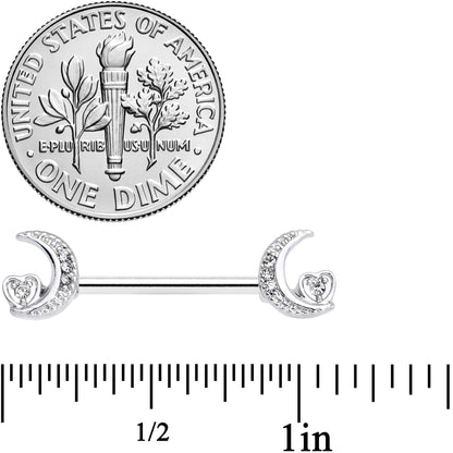 14G 9/16 Clear CZ Gem Moon Heart Barbell Nipple Ring Set