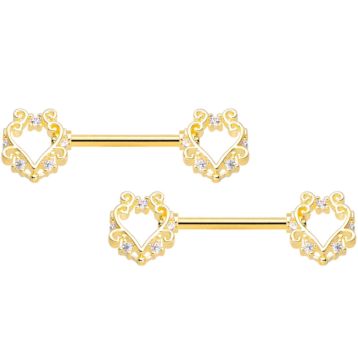 14G 9/16 Clear CZ Gem Gold Hue Fancy Heart Barbell Nipple Ring Set