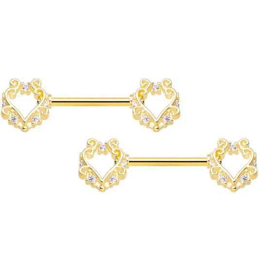 14G 9/16 Clear CZ Gem Gold Hue Fancy Heart Barbell Nipple Ring Set