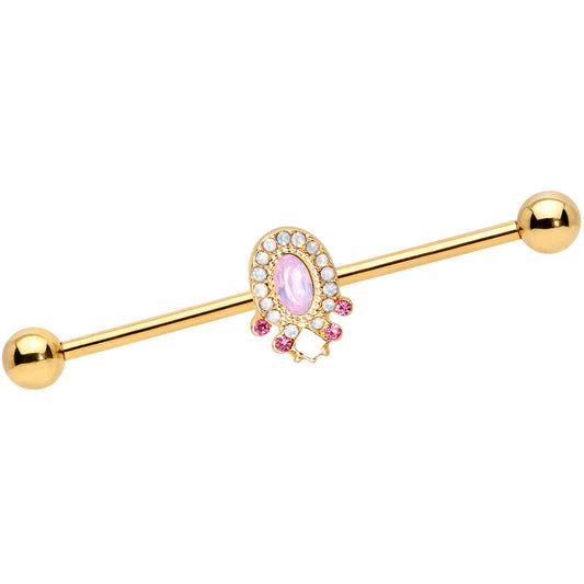 14G Pink Gem White Faux Opal Gold Tone Industrial Barbell 38mm