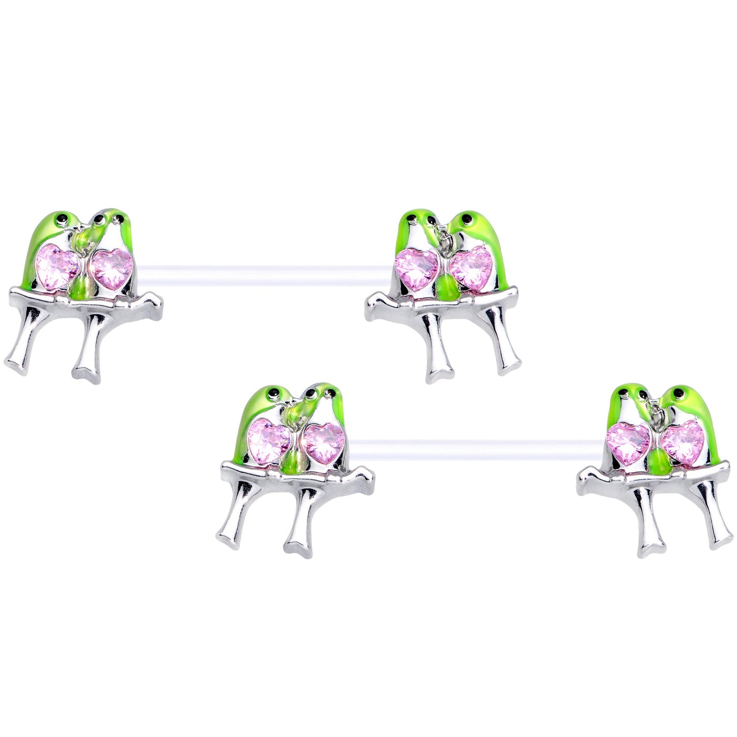14G 9/16 Pink Gem Bioplast Green Lovebirds Barbell Nipple Ring Set