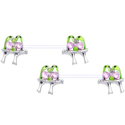 14G 9/16 Pink Gem Bioplast Green Lovebirds Barbell Nipple Ring Set
