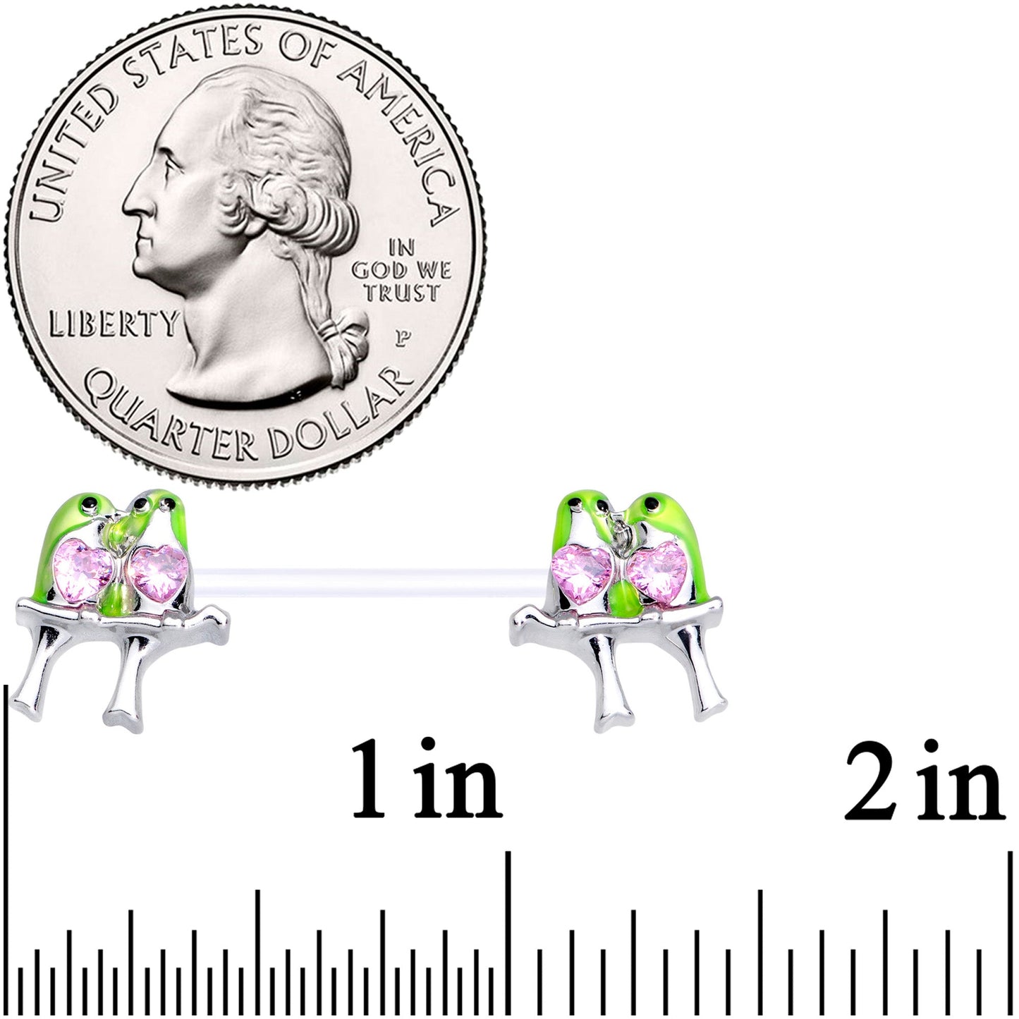 14G 9/16 Pink Gem Bioplast Green Lovebirds Barbell Nipple Ring Set