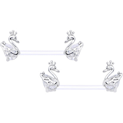14G 9/16 Clear CZ Gem Bioplast Swan Queen Barbell Nipple Ring Set