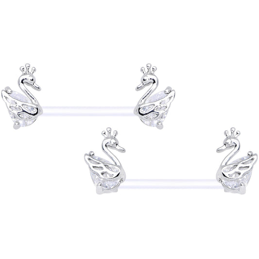 14G 9/16 Clear CZ Gem Bioplast Swan Queen Barbell Nipple Ring Set