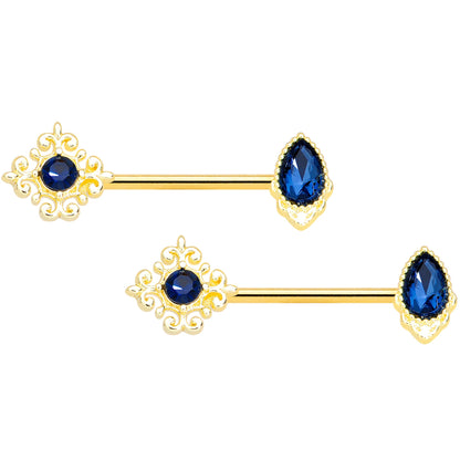 14G 9/16 Blue Gem Gold Tone Noble Barbell Nipple Ring Set