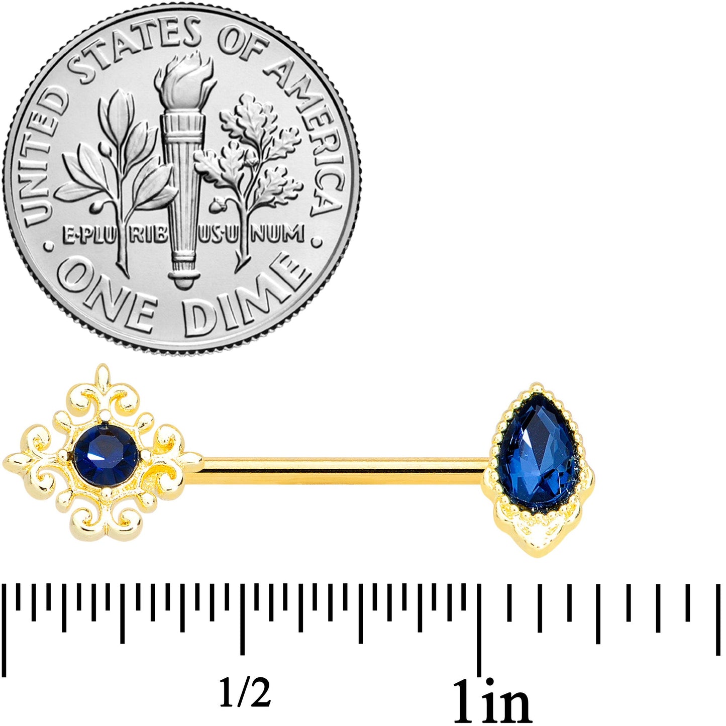 14G 9/16 Blue Gem Gold Tone Noble Barbell Nipple Ring Set