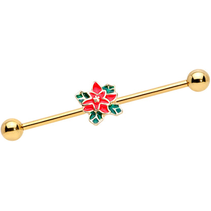 14G Gold Tone PVD Poinsettia Christmas Industrial Barbell 38mm