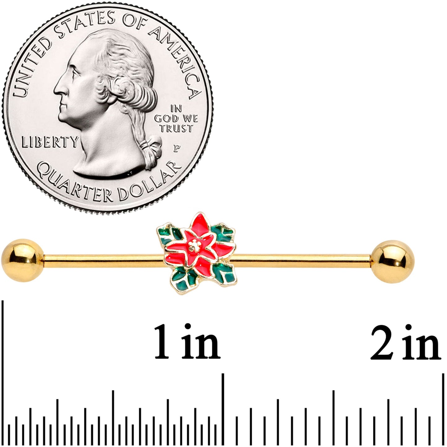 14G Gold Tone PVD Poinsettia Christmas Industrial Barbell 38mm