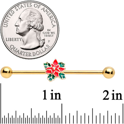 14G Gold Tone PVD Poinsettia Christmas Industrial Barbell 38mm