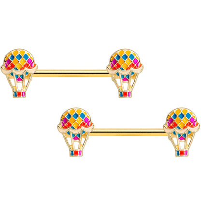 14G 9/16 Gold Tone Red Hot Air Balloon Barbell Nipple Ring Set