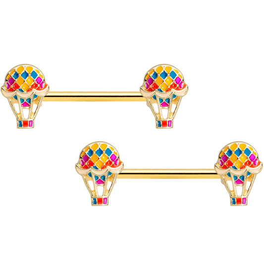 14G 9/16 Gold Tone Red Hot Air Balloon Barbell Nipple Ring Set