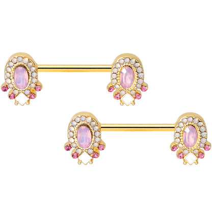 14G 9/16 Pink Gem White Faux Opal Gold Tone Barbell Nipple Set