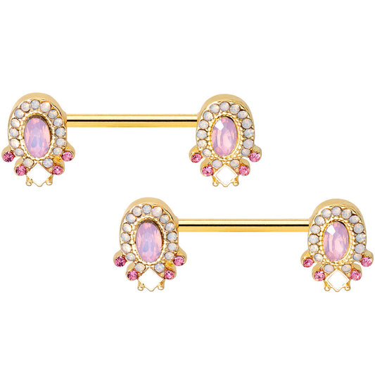 14G 9/16 Pink Gem White Faux Opal Gold Tone Barbell Nipple Set