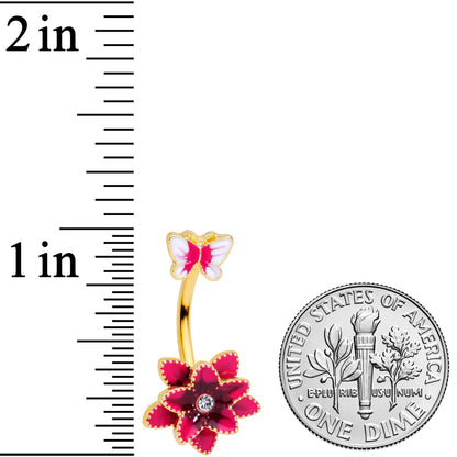 Clear Gem Gold Tone Pink Flower Butterfly Double Mount Belly Ring