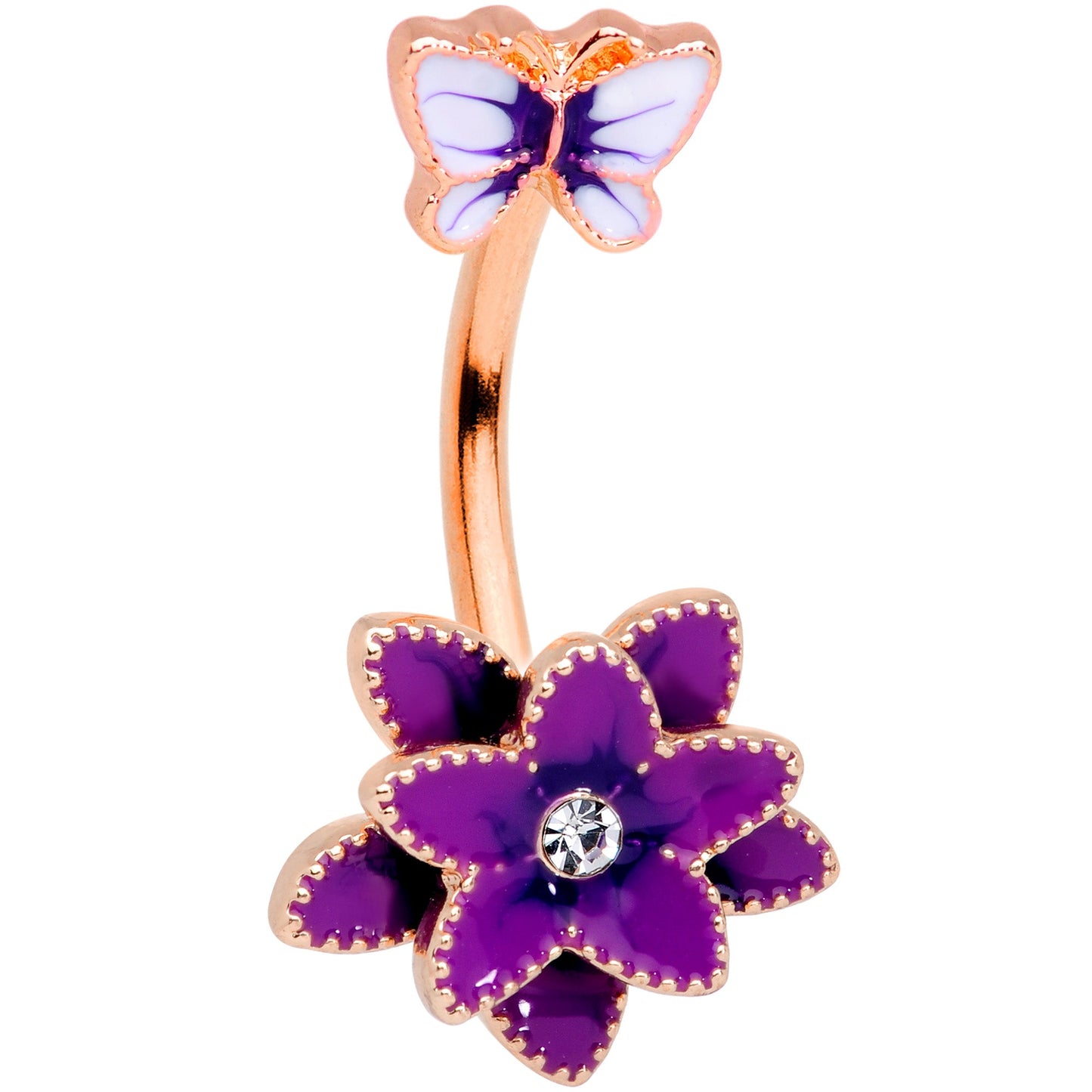 Clear Gem Rose Gold Purple Flower Butterfly Double Mount Belly Ring