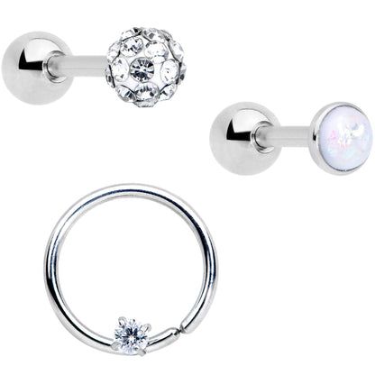 16G 1/4 5/16 Clear CZ Gem Cartilage Tragus Earring Set of 3