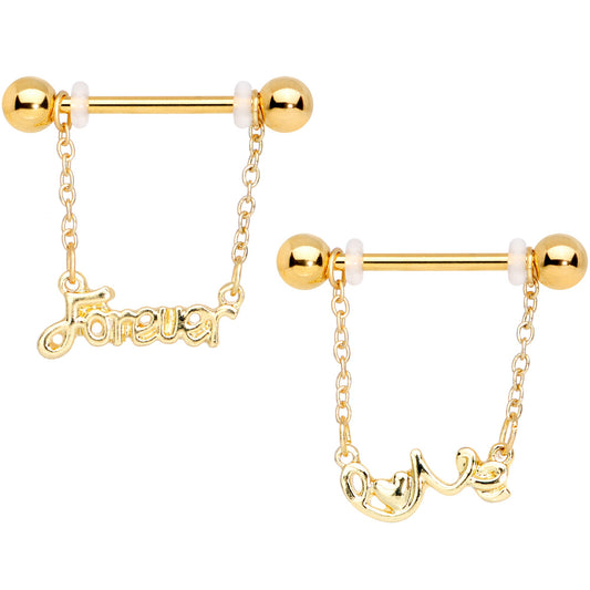 14G 1/2 Gold Tone Love Forever Chain Dangle Nipple Ring Set